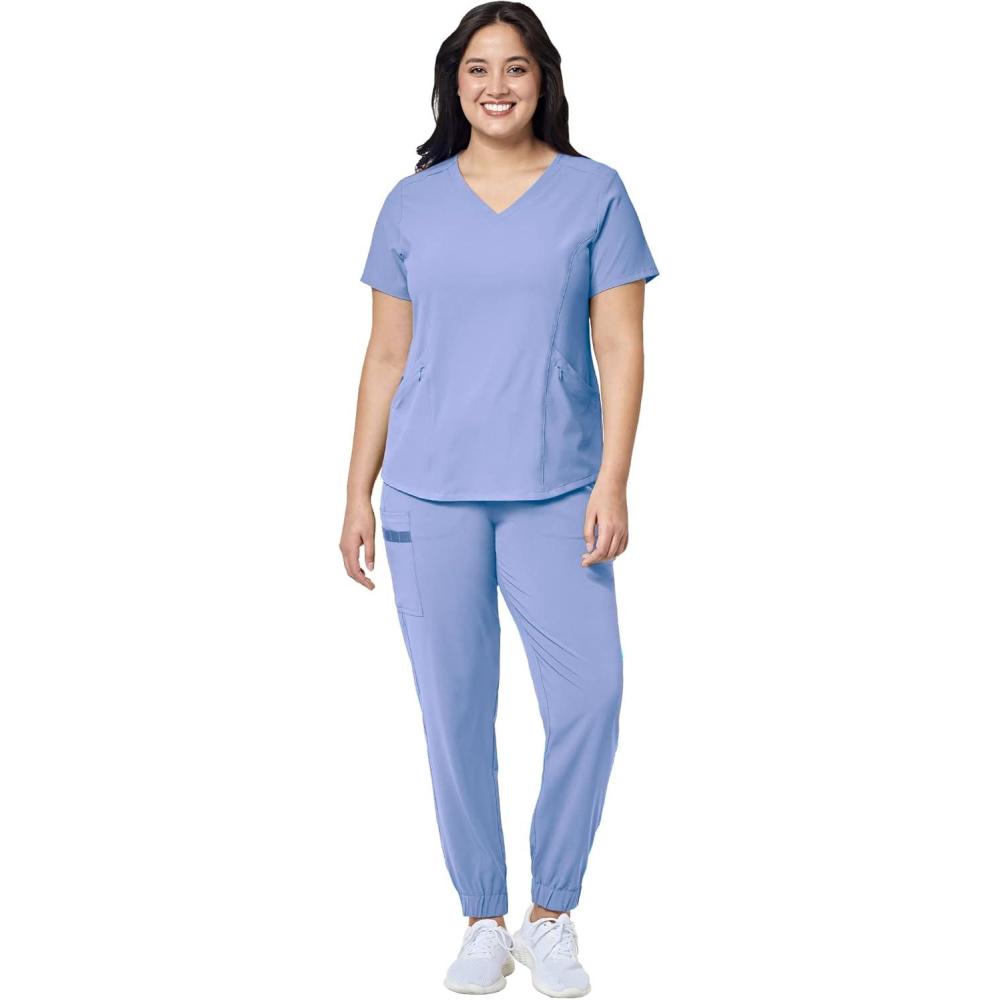 WonderWink RENEW Women’s V-Neck Top & Women’s Jogger Pant Scrub Set + Badge Reel(Ceil Blue)