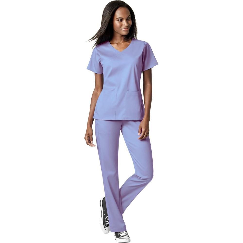 WonderWink PRO Women’s 4 Pocket Wrap Top & Knit Waist Cargo Pant Scrub Set + Badge Reel(Ceil Blue)