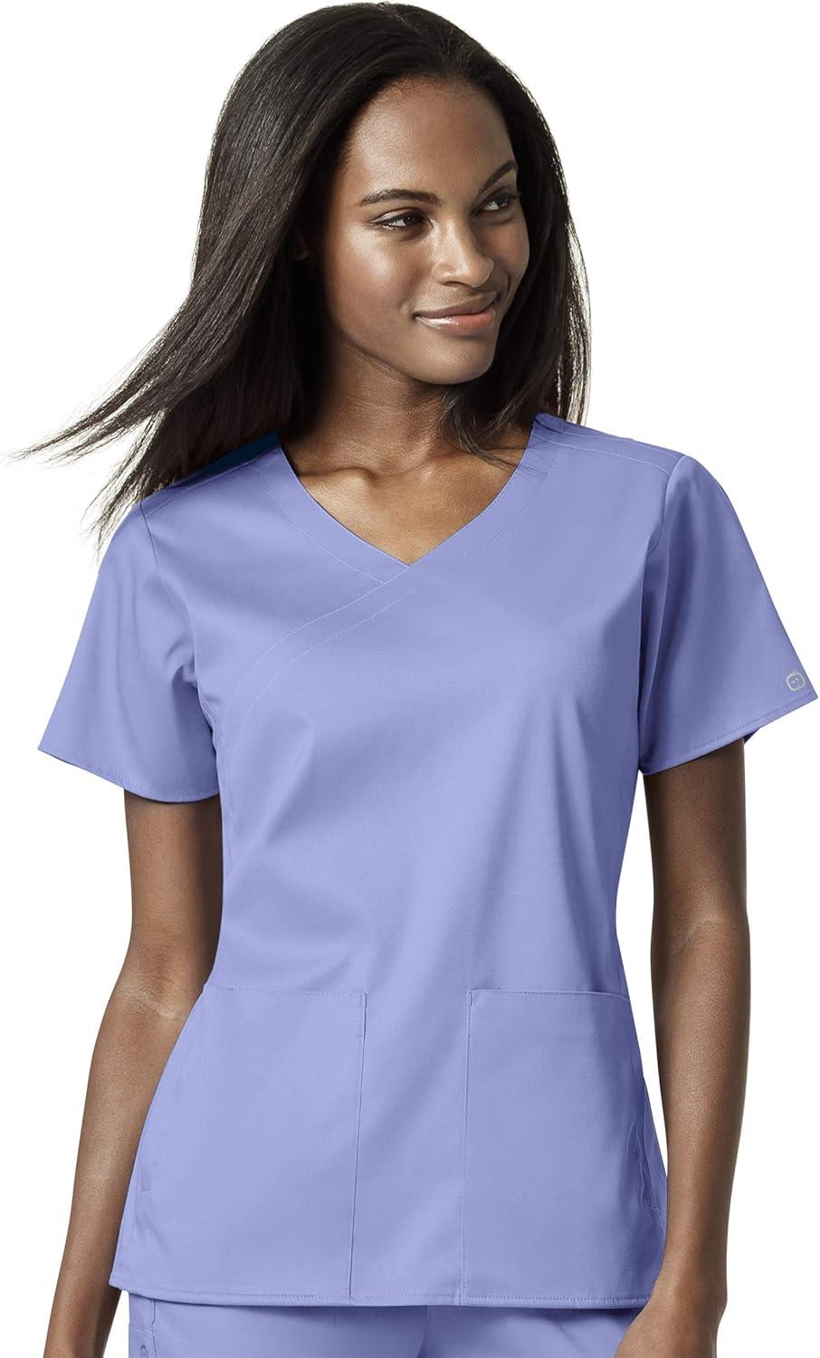 WonderWink PRO Women’s 4 Pocket Wrap Top & Knit Waist Cargo Pant Scrub Set + Badge Reel(Ceil Blue)
