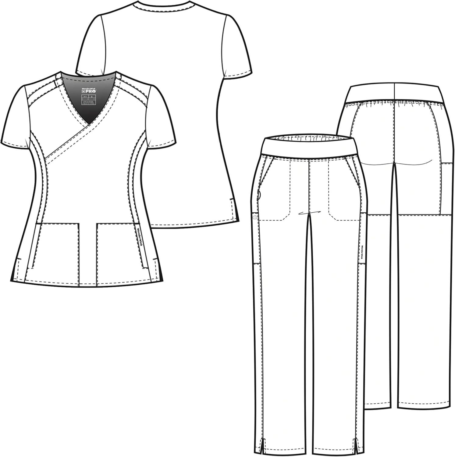 WonderWink PRO Women’s 4 Pocket Wrap Top & Knit Waist Cargo Pant Scrub Set + Badge Reel(Ceil Blue)
