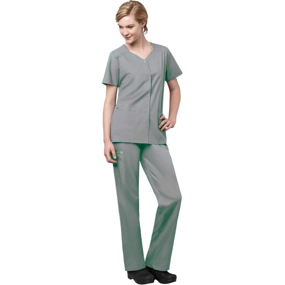 WonderWink WORK Women’s Scrub Short Sleeve Snap Front Jacekt Top and Pants + Badge Reel(Grey)
