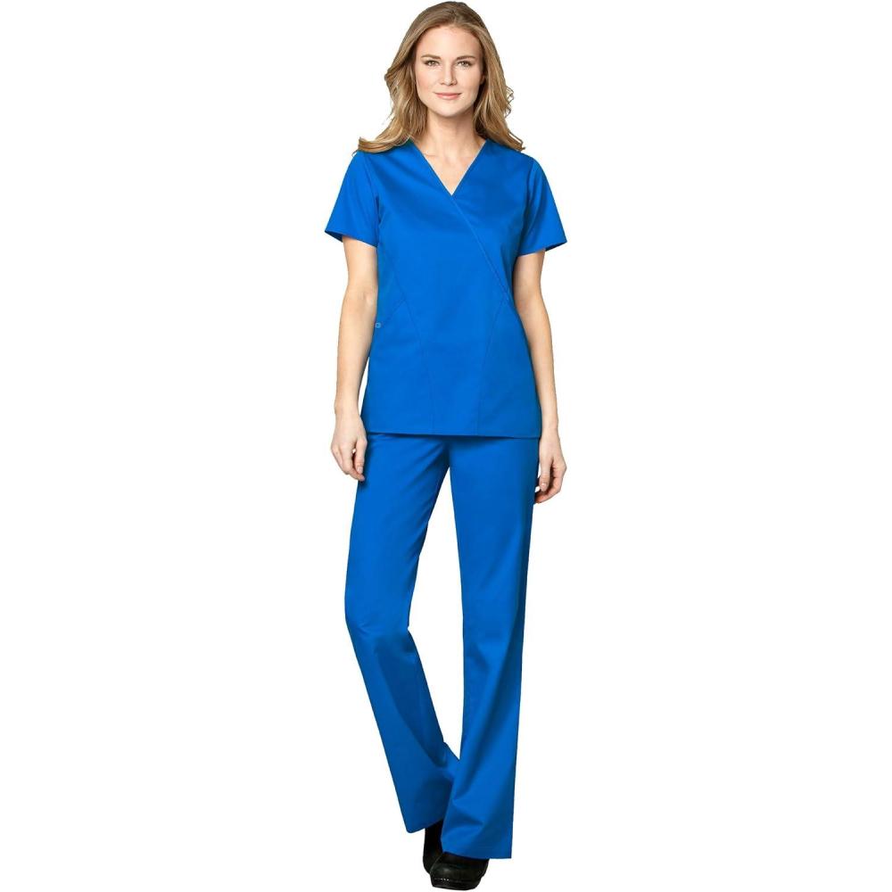 WonderWink WORK Women’s Scrubs Mock Wrap V-Neck Top & Flare Leg Drawstring Pant Scrub Set [XXS – 5XL](Royal)