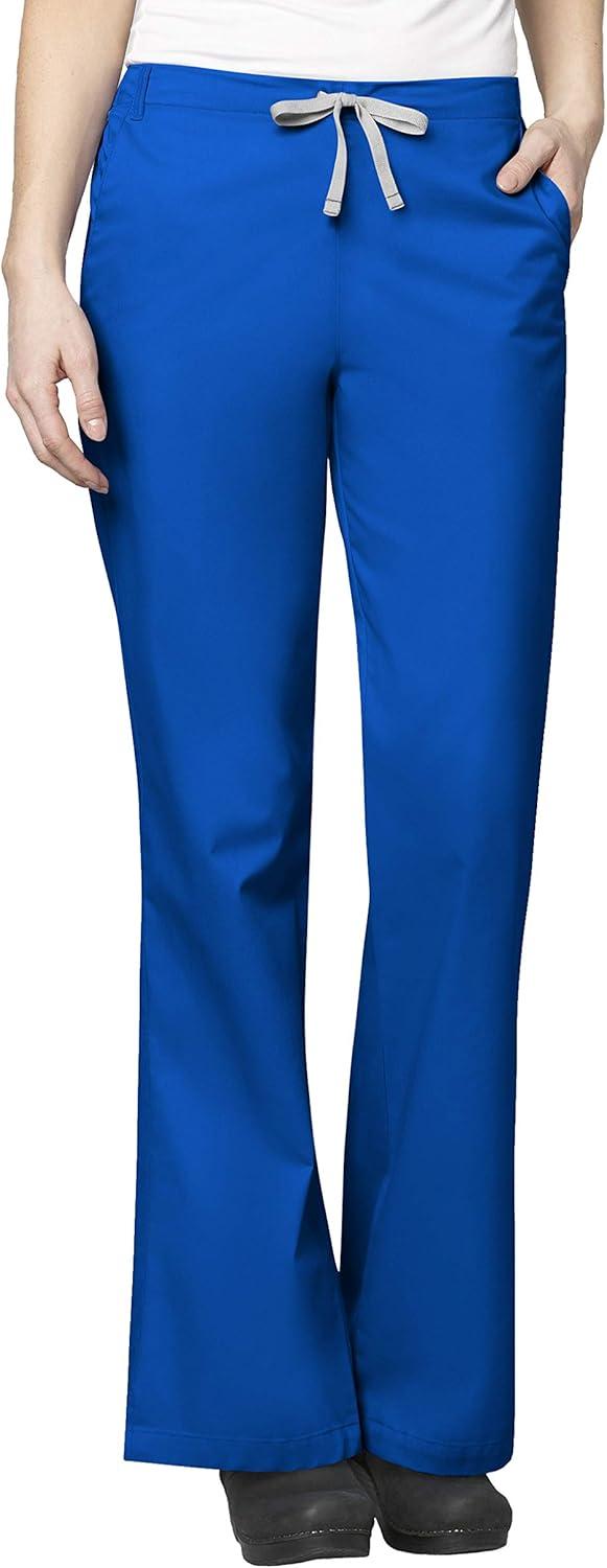 WonderWink WORK Women’s Scrubs Mock Wrap V-Neck Top & Flare Leg Drawstring Pant Scrub Set [XXS – 5XL](Royal)