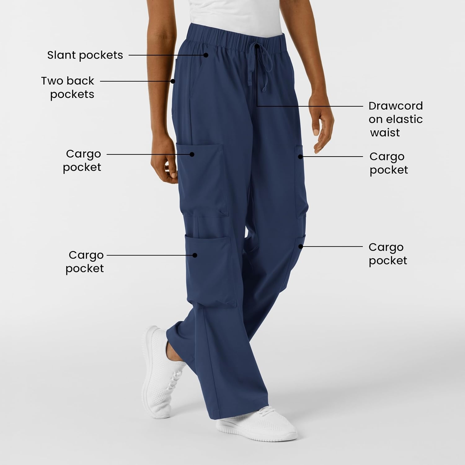 Wink Scrubs for Women, Boundless, Classic Wide Leg Cargo Pants with Full Drawstring and 8 Pockets(Navy)