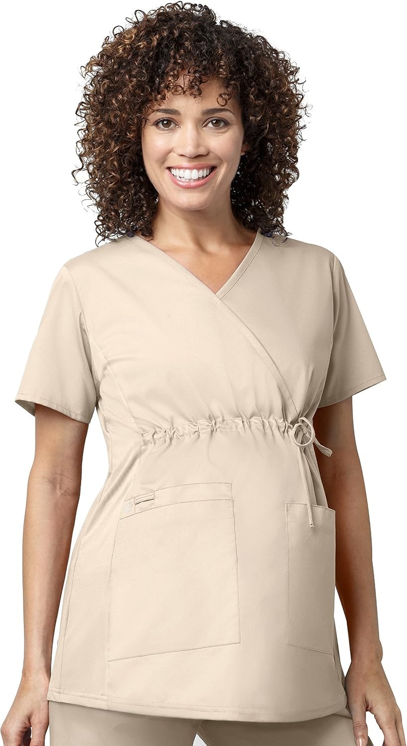 WINK WonderWORK Maternity Mock Wrap Scrub Top, Khaki, 3XL