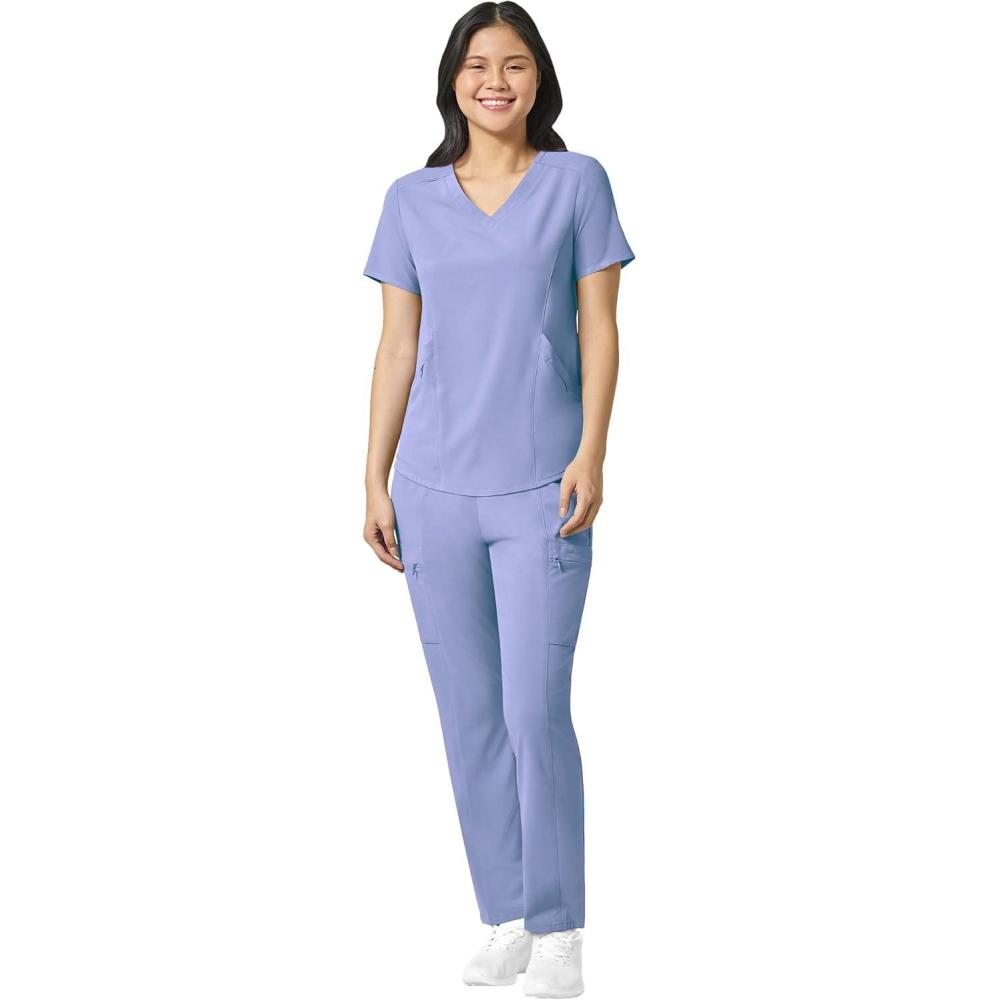 WonderWink RENEW Women’s V-Neck Top & Women’s High Waist Power Pant Scrub Set + Badge Reel(Ceil Blue)