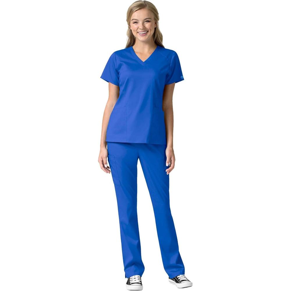 WonderWink Pro Women’s 4 Pocket V-Neck Top & Moderate Flare Leg Cargo Pant Scrub Set + Badge Reel(Royal)