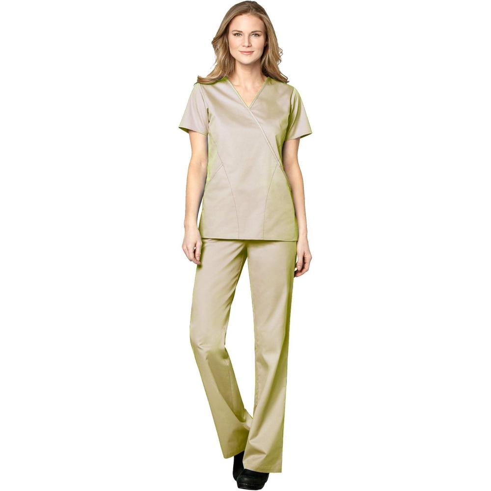 WonderWink WORK Women’s Scrubs Mock Wrap V-Neck Top & Flare Leg Drawstring Pant Scrub Set [XXS – 5XL](Khaki)