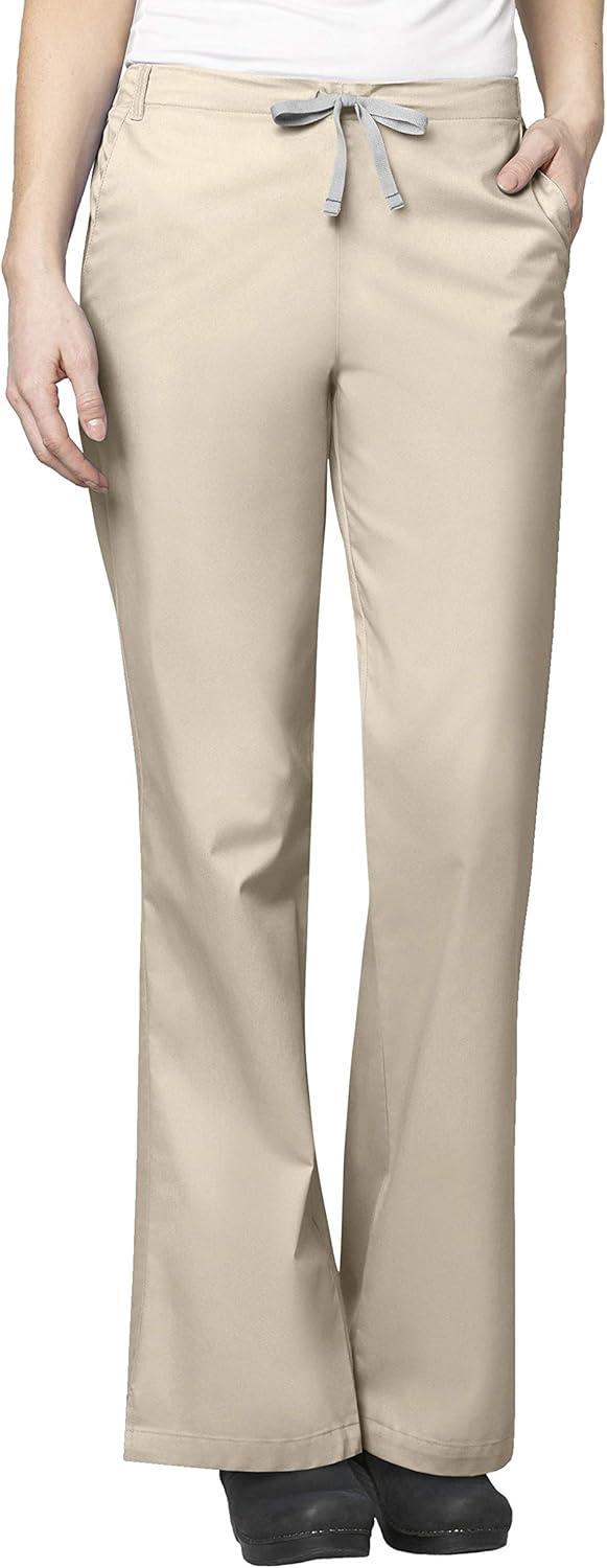 WonderWink WORK Women’s Scrubs Mock Wrap V-Neck Top & Flare Leg Drawstring Pant Scrub Set [XXS – 5XL](Khaki)