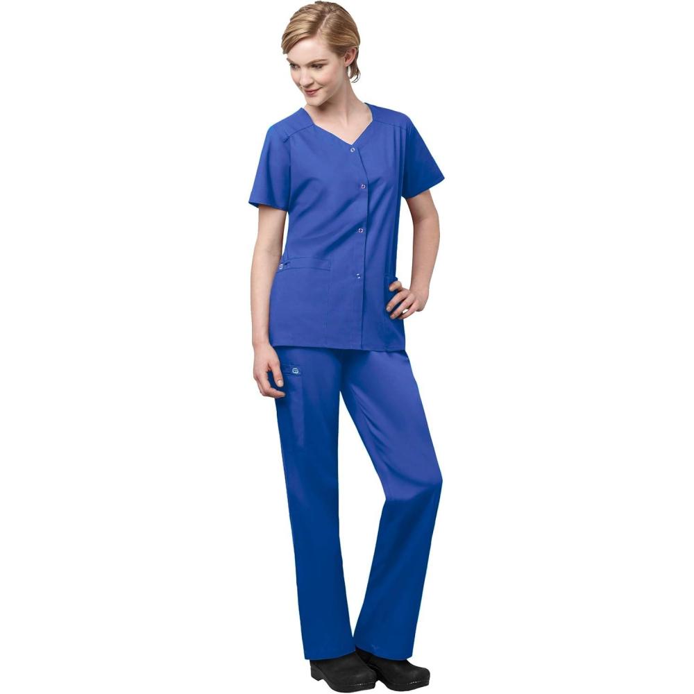 WonderWink WORK Women’s Scrub Short Sleeve Snap Front Jacekt Top and Pants + Badge Reel(Royal)