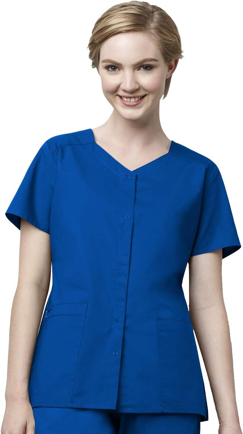 WonderWink WORK Women’s Scrub Short Sleeve Snap Front Jacekt Top and Pants + Badge Reel(Royal)