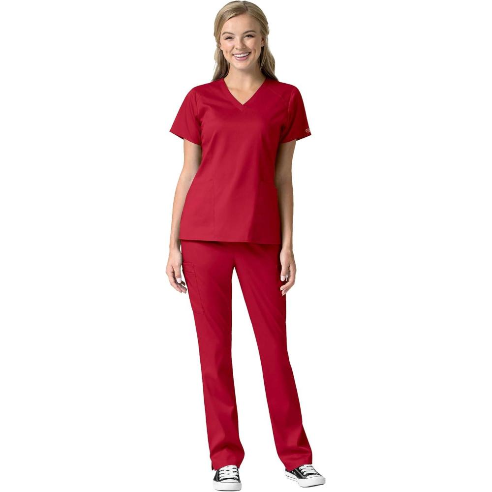 WonderWink Pro Women’s 4 Pocket V-Neck Top & Moderate Flare Leg Cargo Pant Scrub Set + Badge Reel(Red)