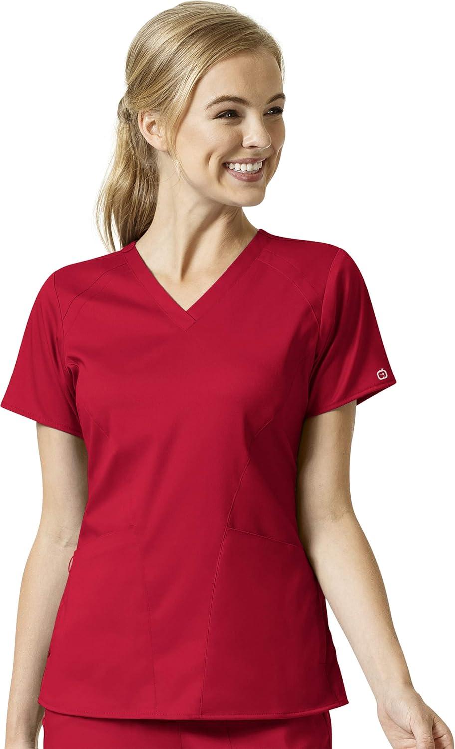 WonderWink Pro Women’s 4 Pocket V-Neck Top & Moderate Flare Leg Cargo Pant Scrub Set + Badge Reel(Red)