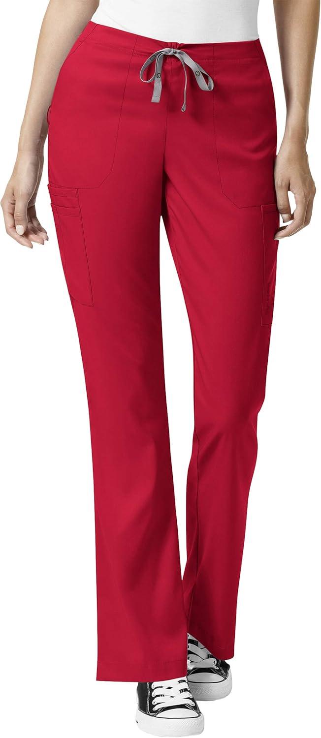 WonderWink Pro Women’s 4 Pocket V-Neck Top & Moderate Flare Leg Cargo Pant Scrub Set + Badge Reel(Red)