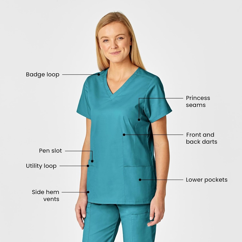 WonderWink WonderWORK Women’s Shaped V-Neck Scrub Top — Teal Blue, Large