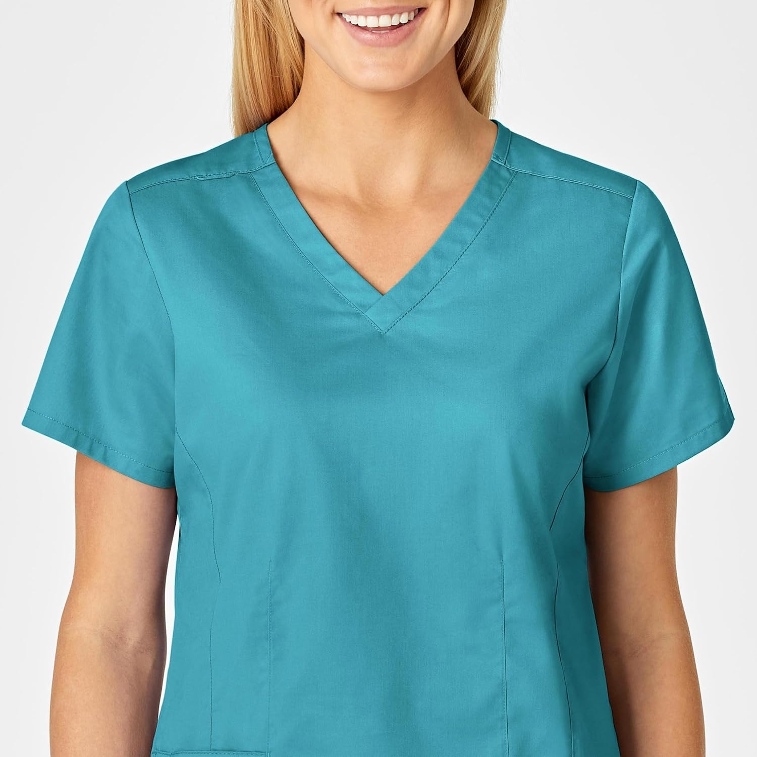 WonderWink WonderWORK Women’s Shaped V-Neck Scrub Top — Teal Blue, Large