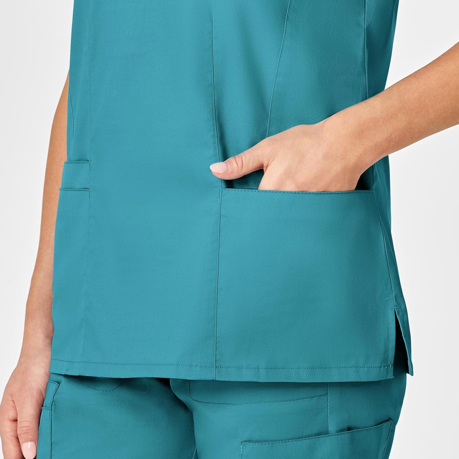 WonderWink WonderWORK Women’s Shaped V-Neck Scrub Top — Teal Blue, Large