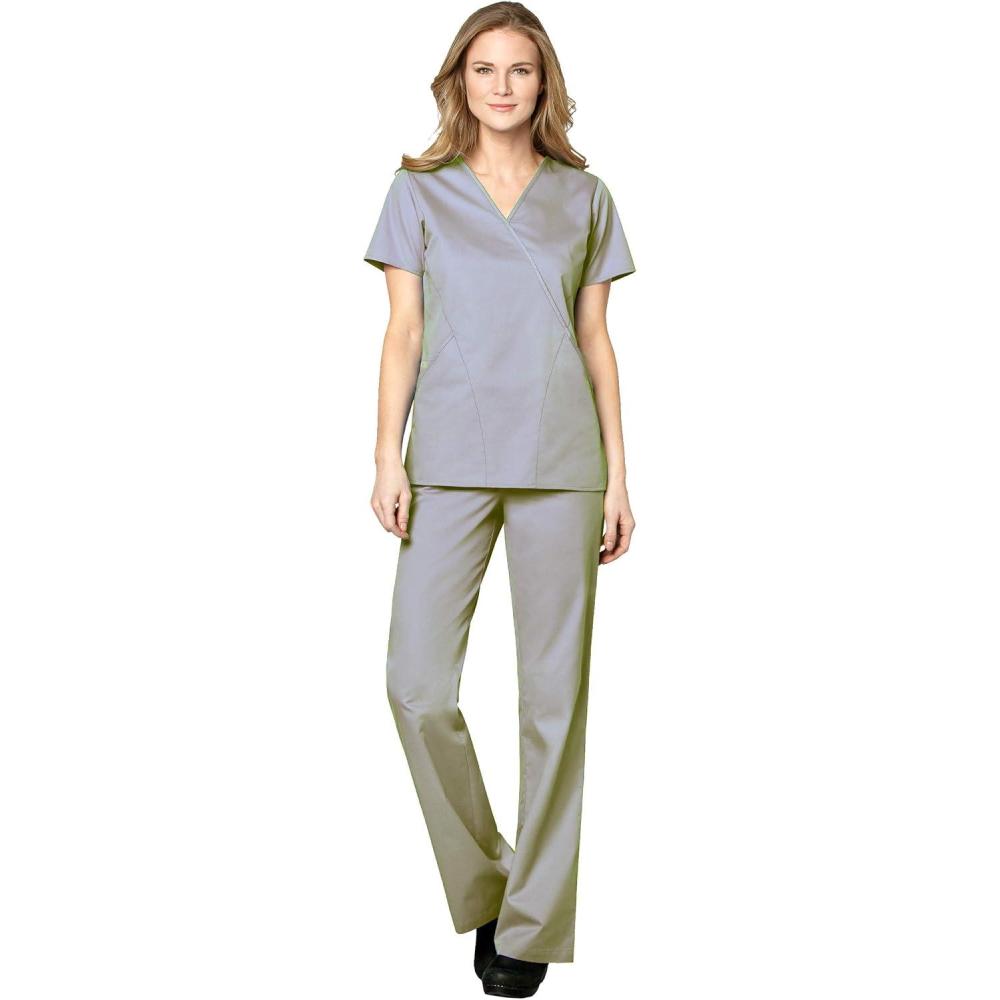 WonderWink WORK Women’s Scrubs Mock Wrap V-Neck Top & Flare Leg Drawstring Pant Scrub Set [XXS – 5XL](Grey)