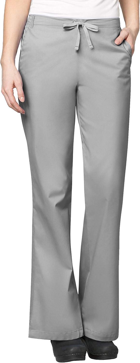 WonderWink WORK Women’s Scrubs Mock Wrap V-Neck Top & Flare Leg Drawstring Pant Scrub Set [XXS – 5XL](Grey)