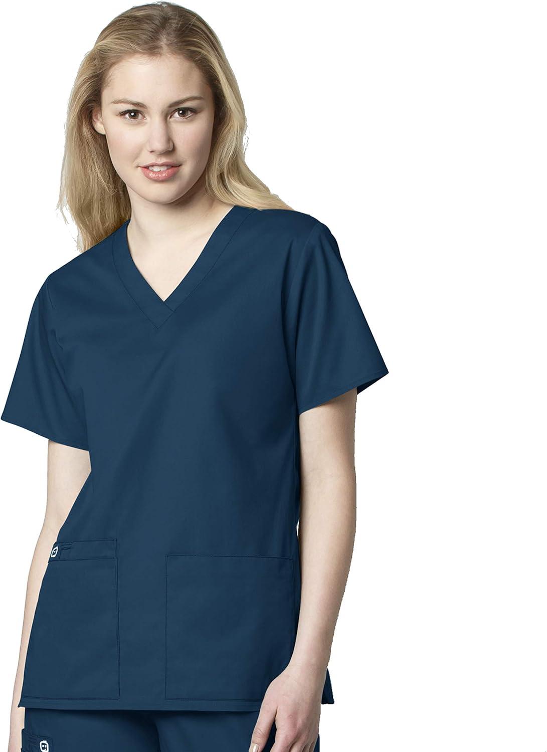WonderWink WORK Women’s Scrubs V-Neck Chest Pocket Top & Pull On Cargo Pant Set + Badge Reel(Caribbean Blue)