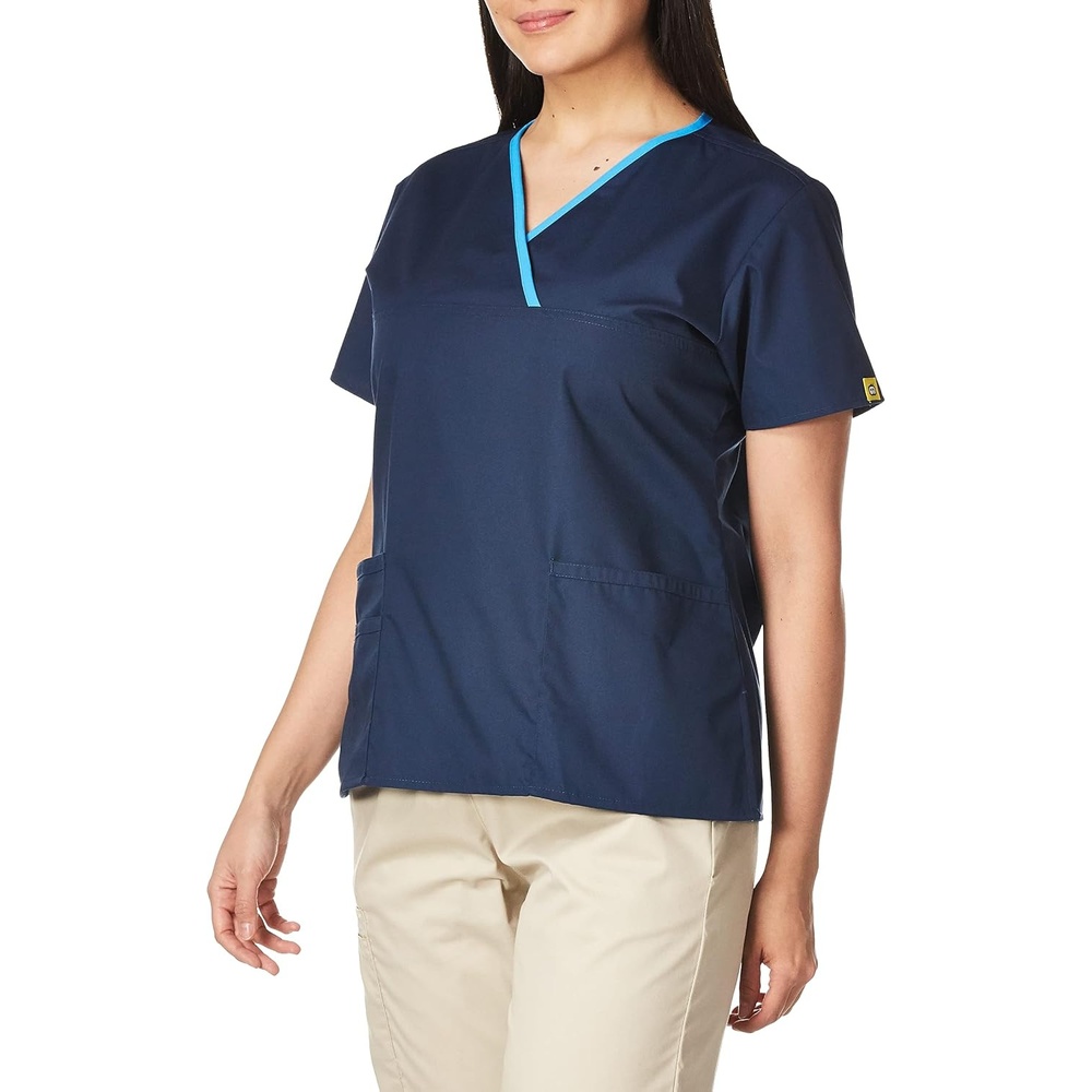 WonderWink Women’s Scrubs Charlie 5 Pocket Y-Neck Wrap Top, Navy, Small