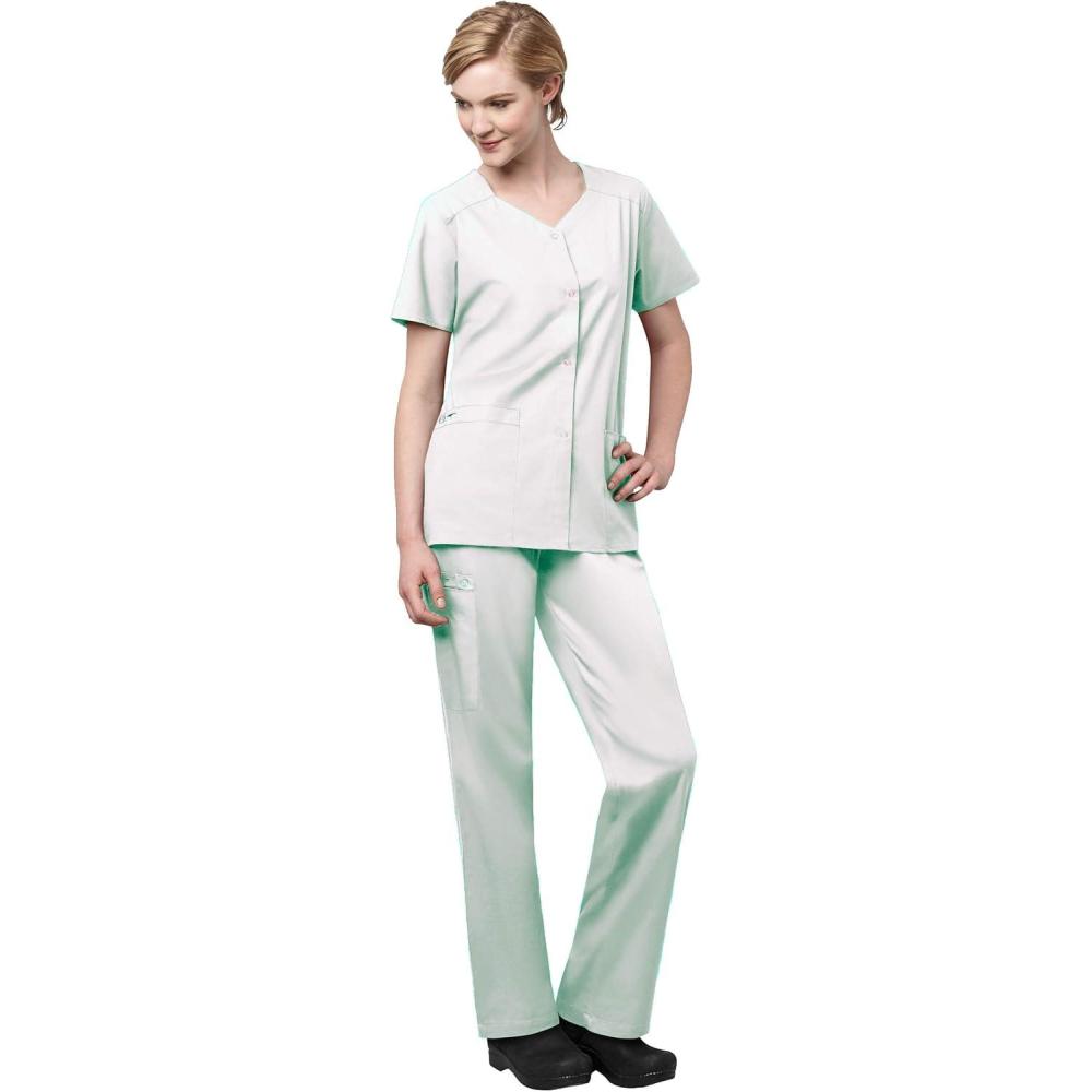 WonderWink WORK Women’s Scrub Short Sleeve Snap Front Jacekt Top and Pants + Badge Reel(White)