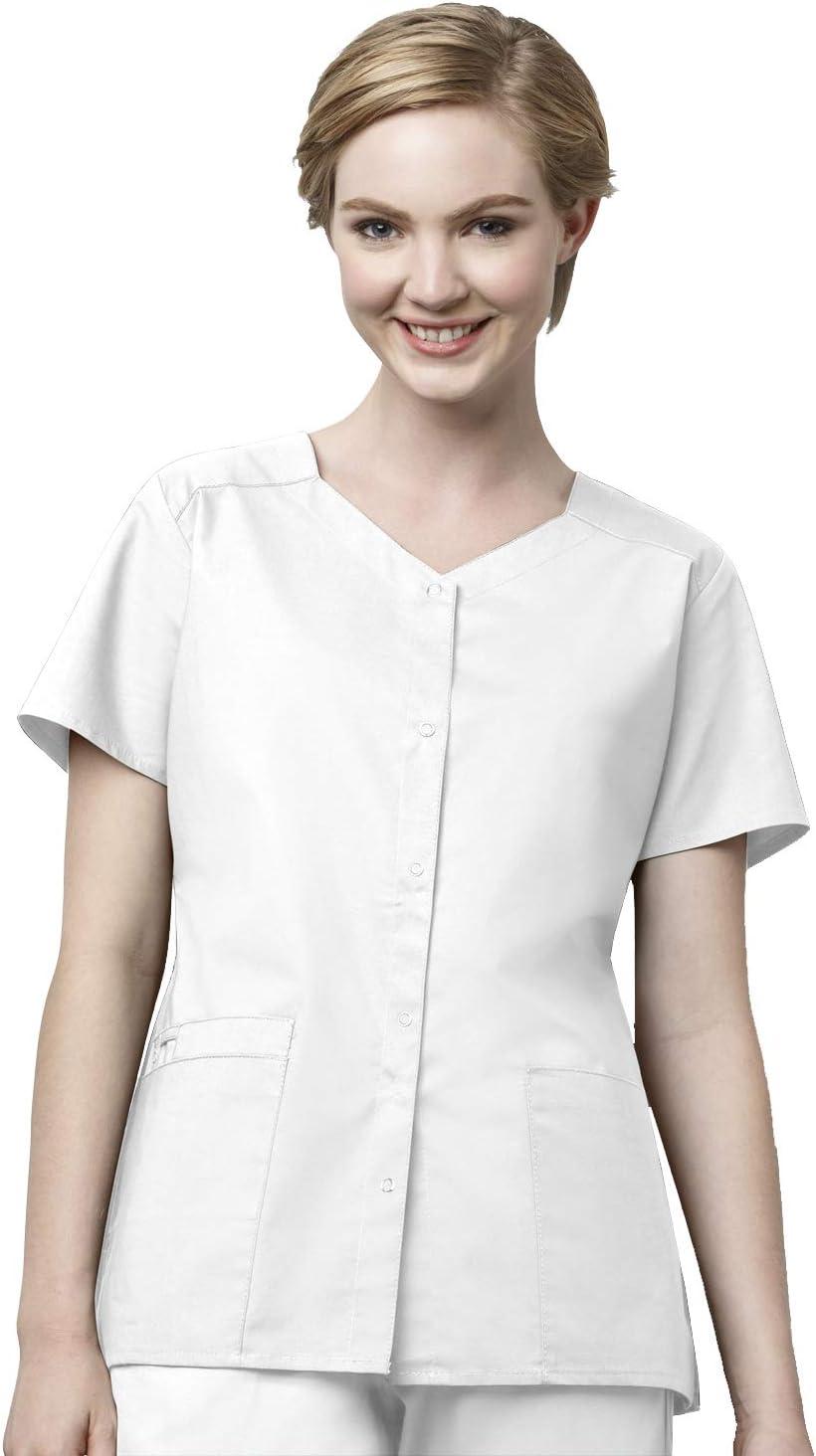 WonderWink WORK Women’s Scrub Short Sleeve Snap Front Jacekt Top and Pants + Badge Reel(White)