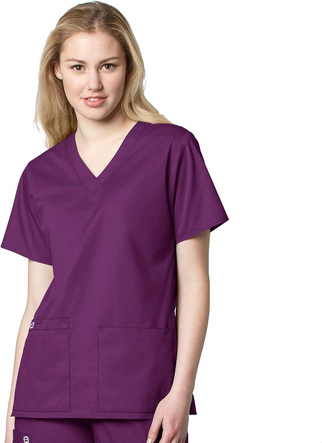 WonderWink WORK Women’s Scrubs V-Neck Chest Pocket Top & Pull On Cargo Pant Set + Badge Reel(Eggplant)
