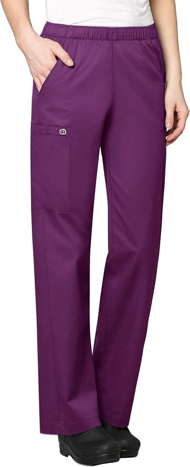 WonderWink WORK Women’s Scrubs V-Neck Chest Pocket Top & Pull On Cargo Pant Set + Badge Reel(Eggplant)