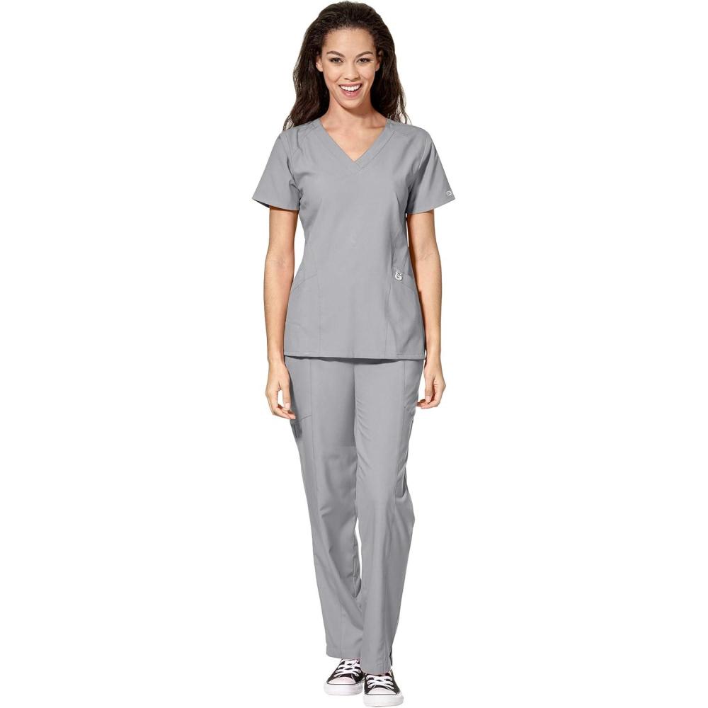 WonderWink W123 Women’s Stylized V-neck Top & Flat Front Double Cargo Pant Scrub Set + Badge Reel(Grey)