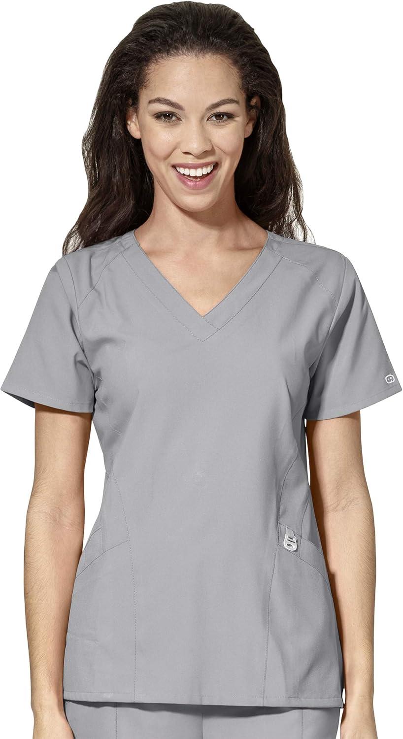 WonderWink W123 Women’s Stylized V-neck Top & Flat Front Double Cargo Pant Scrub Set + Badge Reel(Grey)
