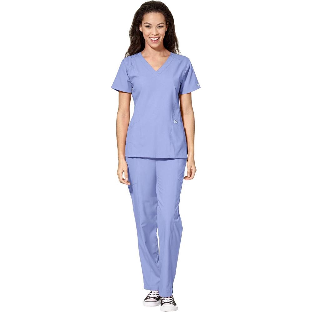 WonderWink W123 Women’s Stylized V-neck Top & Flat Front Double Cargo Pant Scrub Set + Badge Reel(Ceil Blue)