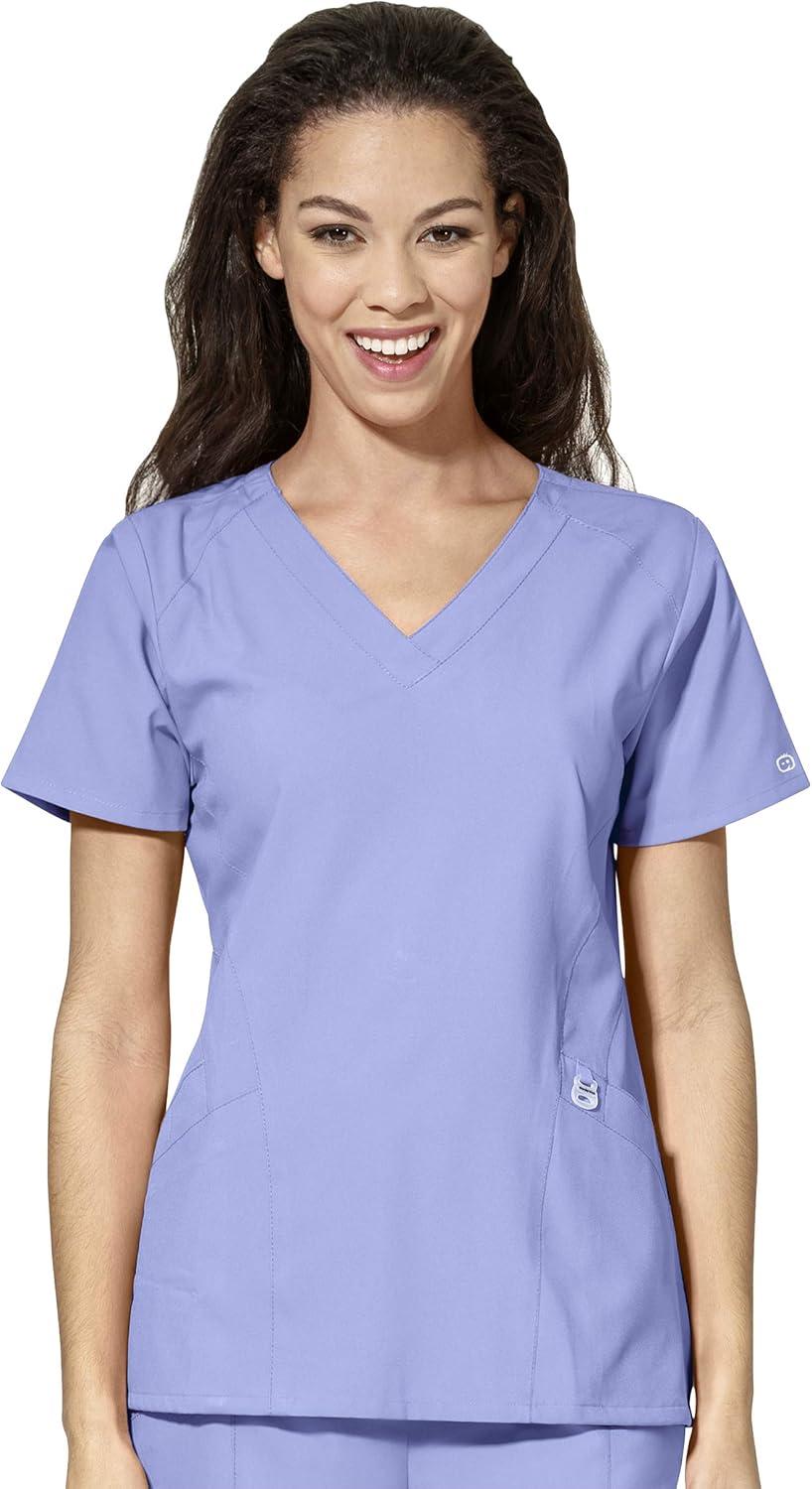 WonderWink W123 Women’s Stylized V-neck Top & Flat Front Double Cargo Pant Scrub Set + Badge Reel(Ceil Blue)