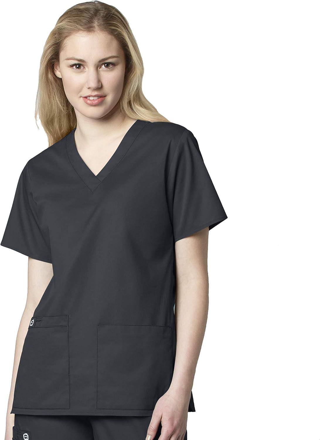 WonderWink WORK Women’s Scrubs V-Neck Chest Pocket Top & Pull On Cargo Pant Set + Badge Reel(Pewter)