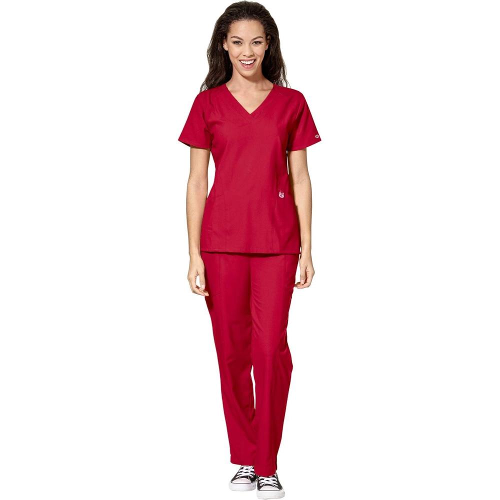 WonderWink W123 Women’s Stylized V-neck Top & Flat Front Double Cargo Pant Scrub Set + Badge Reel(Red)