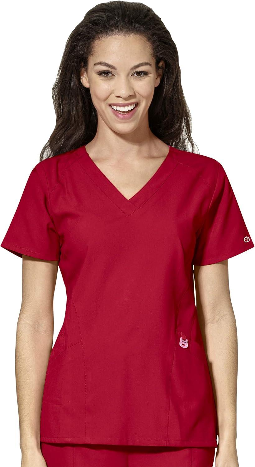 WonderWink W123 Women’s Stylized V-neck Top & Flat Front Double Cargo Pant Scrub Set + Badge Reel(Red)
