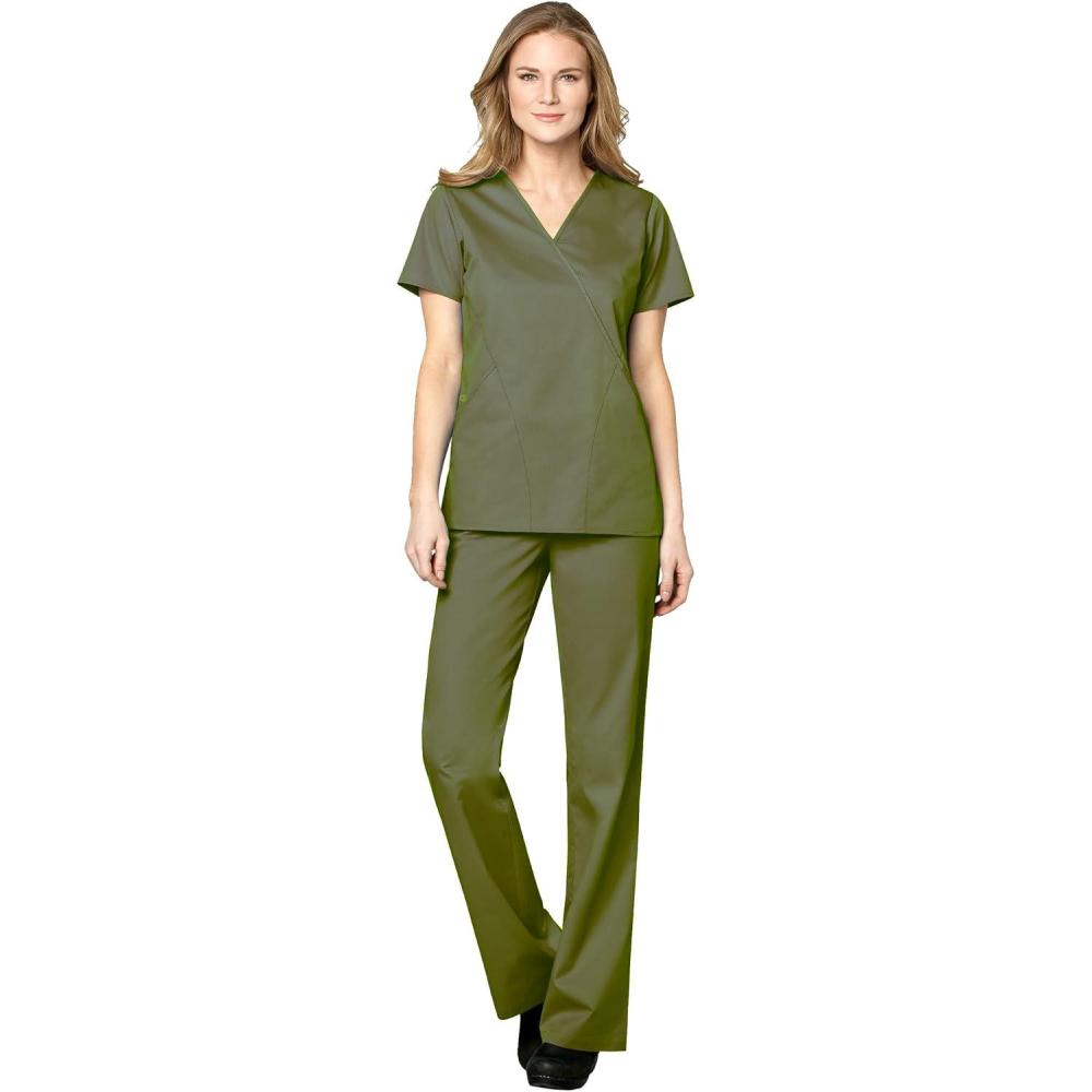 WonderWink WORK Women’s Scrubs Mock Wrap V-Neck Top & Flare Leg Drawstring Pant Scrub Set [XXS – 5XL](Olive)