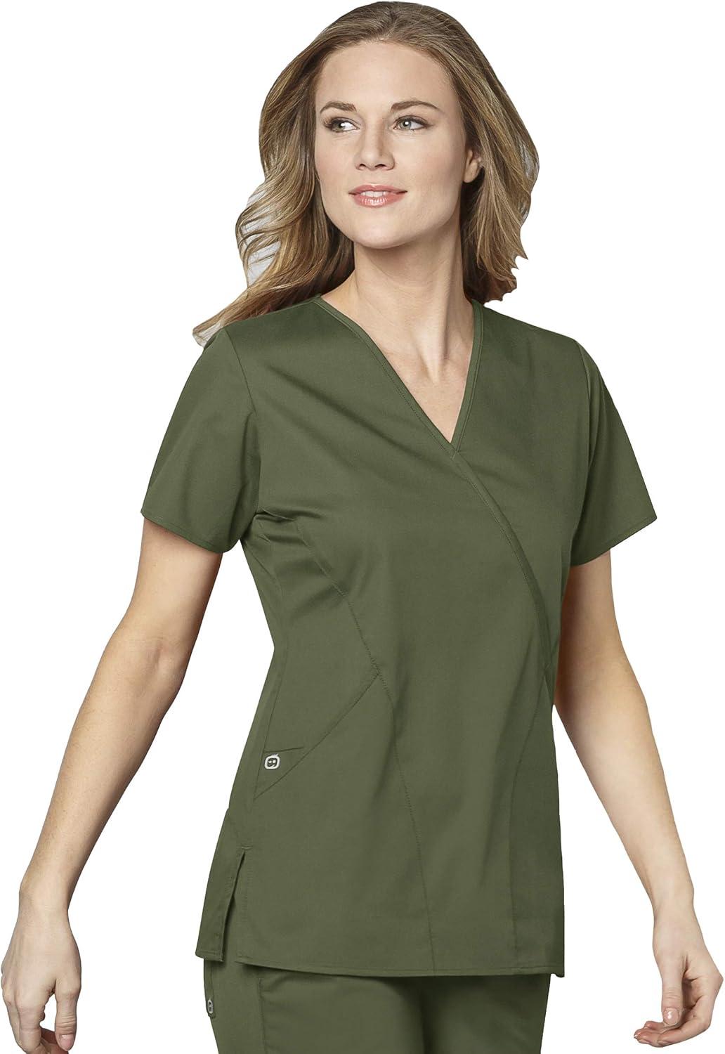 WonderWink WORK Women’s Scrubs Mock Wrap V-Neck Top & Flare Leg Drawstring Pant Scrub Set [XXS – 5XL](Olive)