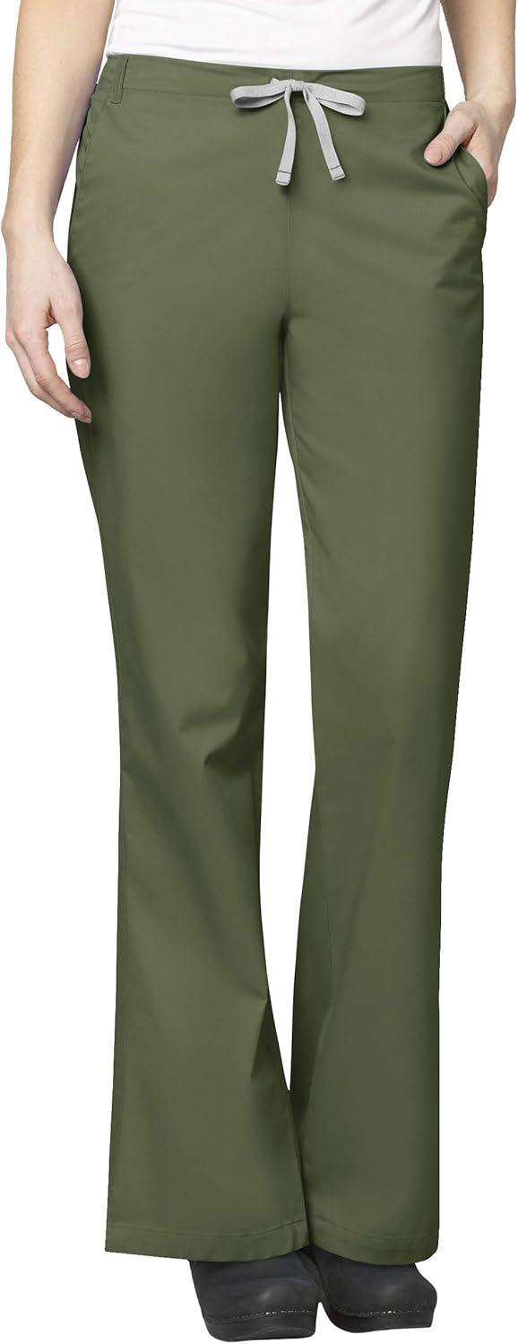 WonderWink WORK Women’s Scrubs Mock Wrap V-Neck Top & Flare Leg Drawstring Pant Scrub Set [XXS – 5XL](Olive)