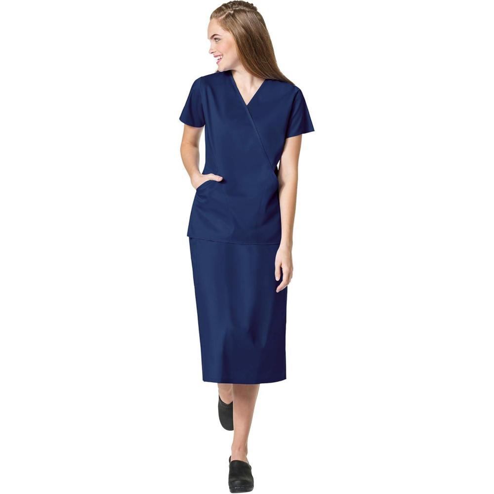 WonderWink Work Women’s Wrap Top & Scrub Skirt Set + Badge Reel(Navy)