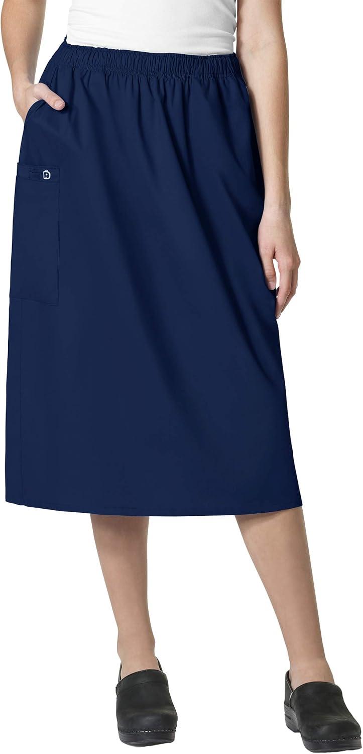 WonderWink Work Women’s Wrap Top & Scrub Skirt Set + Badge Reel(Navy)