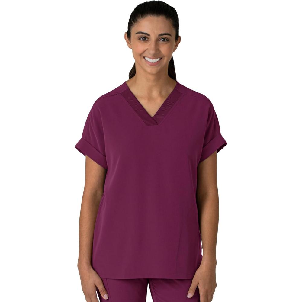 Wink Women’s Women’s Drop Shoulder Boxy Scrub Top(Wine)