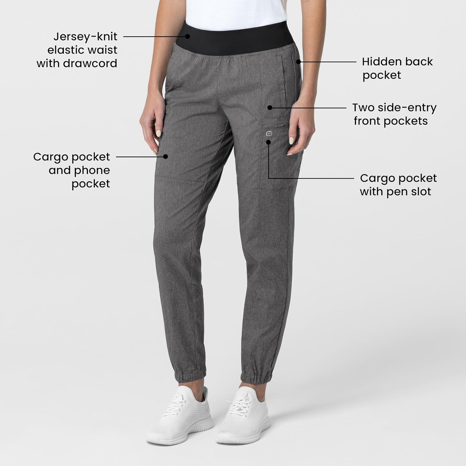 Wink Women’s Women’s 5555 Comfort Waist Cargo Jogger Scrub Pant(Charcoal Heather)
