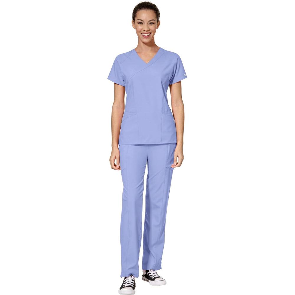 WonderWink W123 Women’s Mock Wrap Top & Flat Front Double Cargo Pant Scrub Set + Badge Reel(Ceil Blue)
