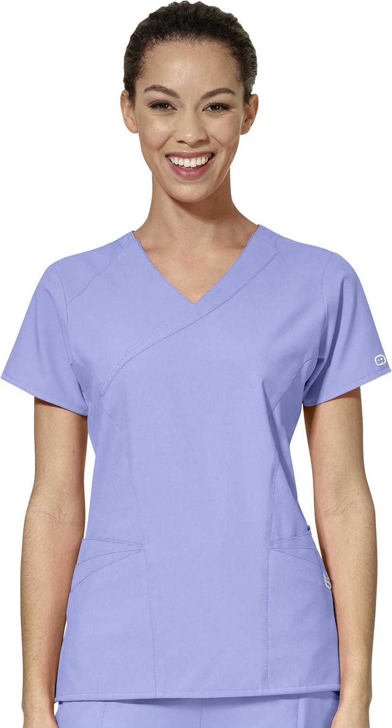 WonderWink W123 Women’s Mock Wrap Top & Flat Front Double Cargo Pant Scrub Set + Badge Reel(Ceil Blue)