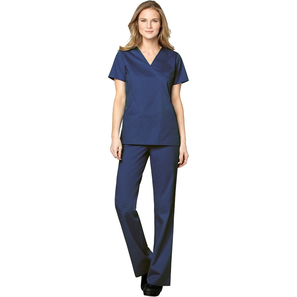 WonderWink WORK Women’s Scrubs Mock Wrap V-Neck Top & Flare Leg Drawstring Pant Scrub Set [XXS – 5XL](Navy)
