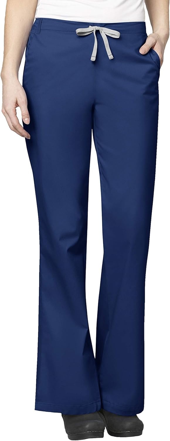 WonderWink WORK Women’s Scrubs Mock Wrap V-Neck Top & Flare Leg Drawstring Pant Scrub Set [XXS – 5XL](Navy)