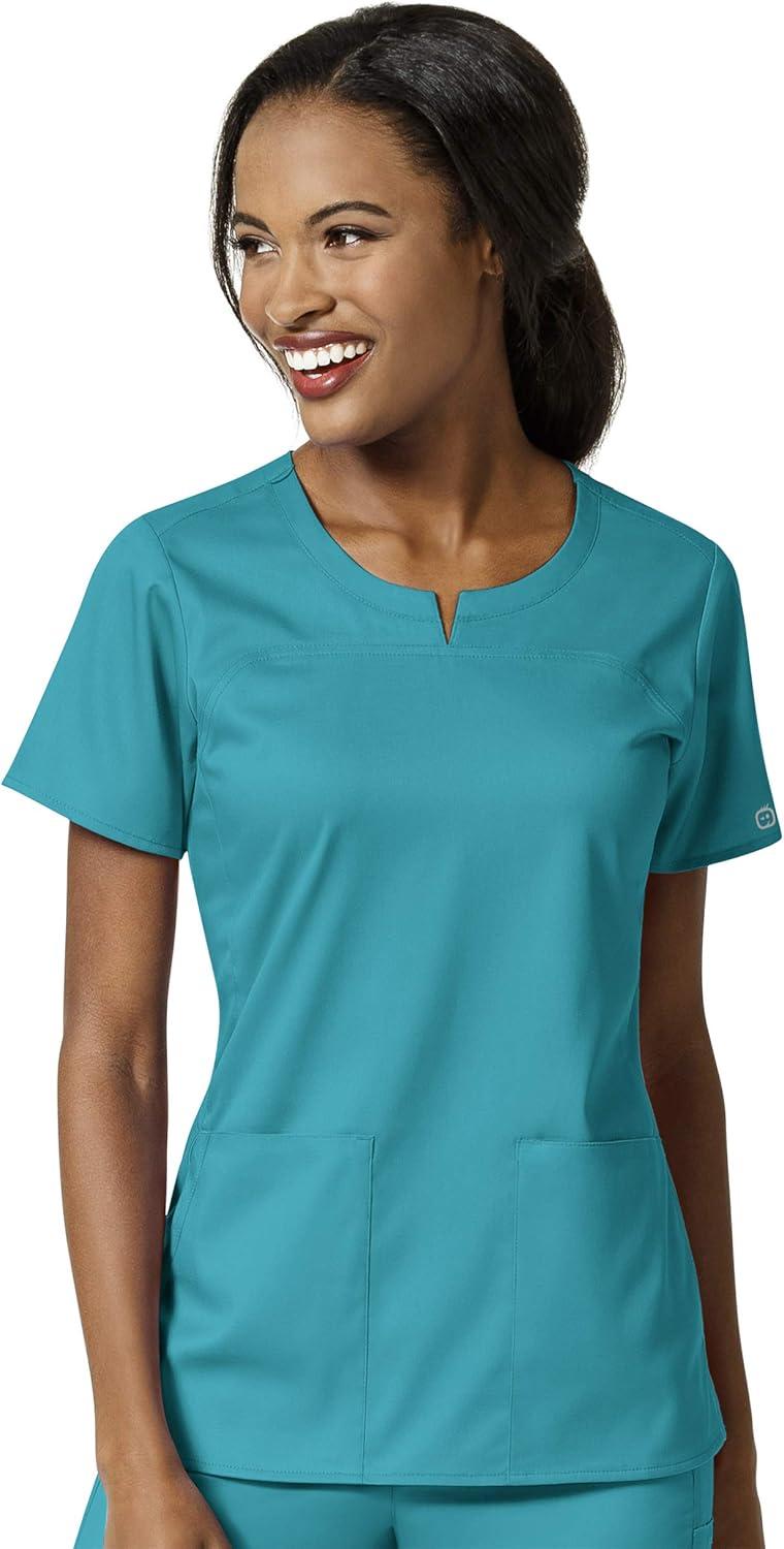 WonderWink PRO Women’s 4 Pocket Notch Neck Top & Knit Waist Cargo Pant Scrub Set + Badge Reel(Teal)