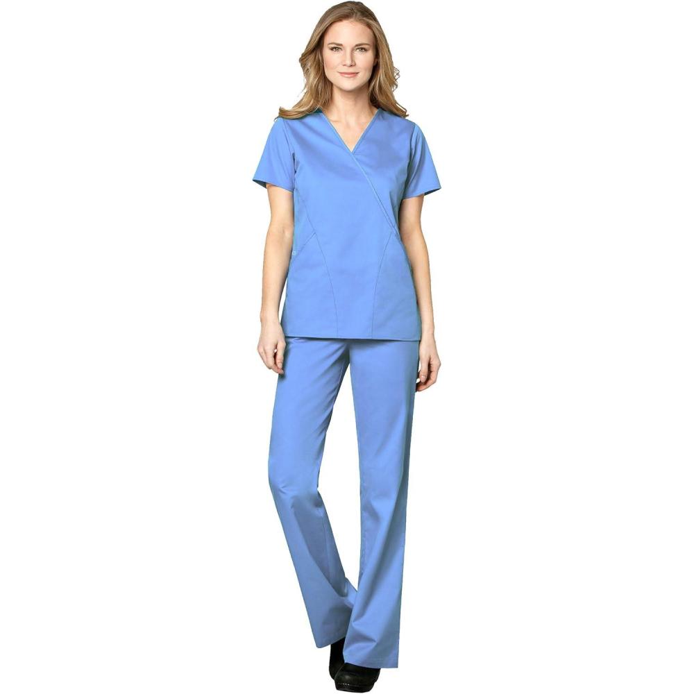WonderWink WORK Women’s Scrubs Mock Wrap V-Neck Top & Flare Leg Drawstring Pant Scrub Set [XXS – 5XL](Ceil Blue)