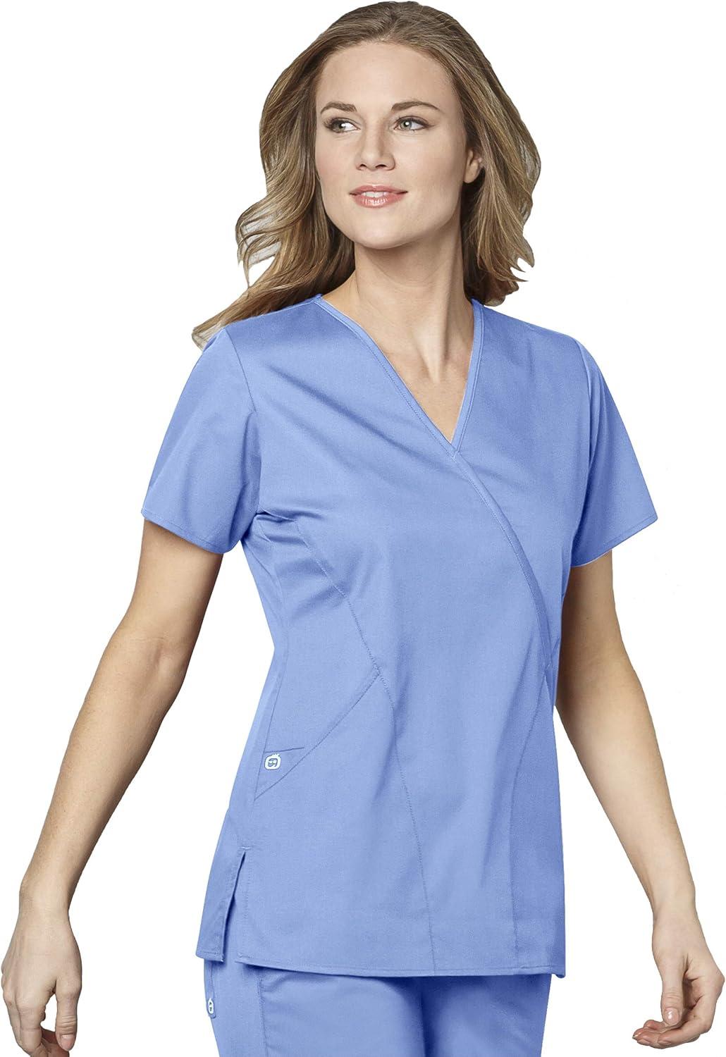 WonderWink WORK Women’s Scrubs Mock Wrap V-Neck Top & Flare Leg Drawstring Pant Scrub Set [XXS – 5XL](Ceil Blue)